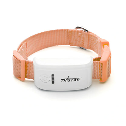 Black cat GPS tracker device with collar attachment showing 44g weight and waterproof design