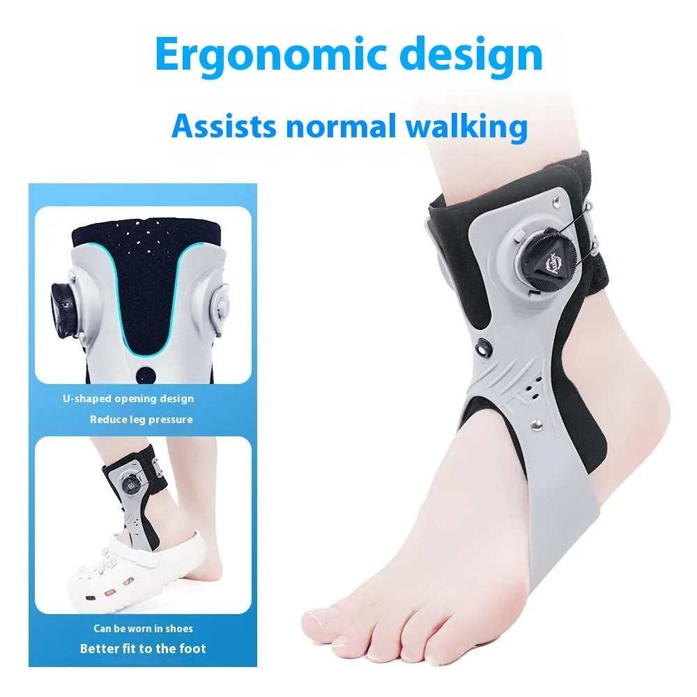 Adjustable ankle fixation brace with airbag button in black or grey colour, shown on a foot.