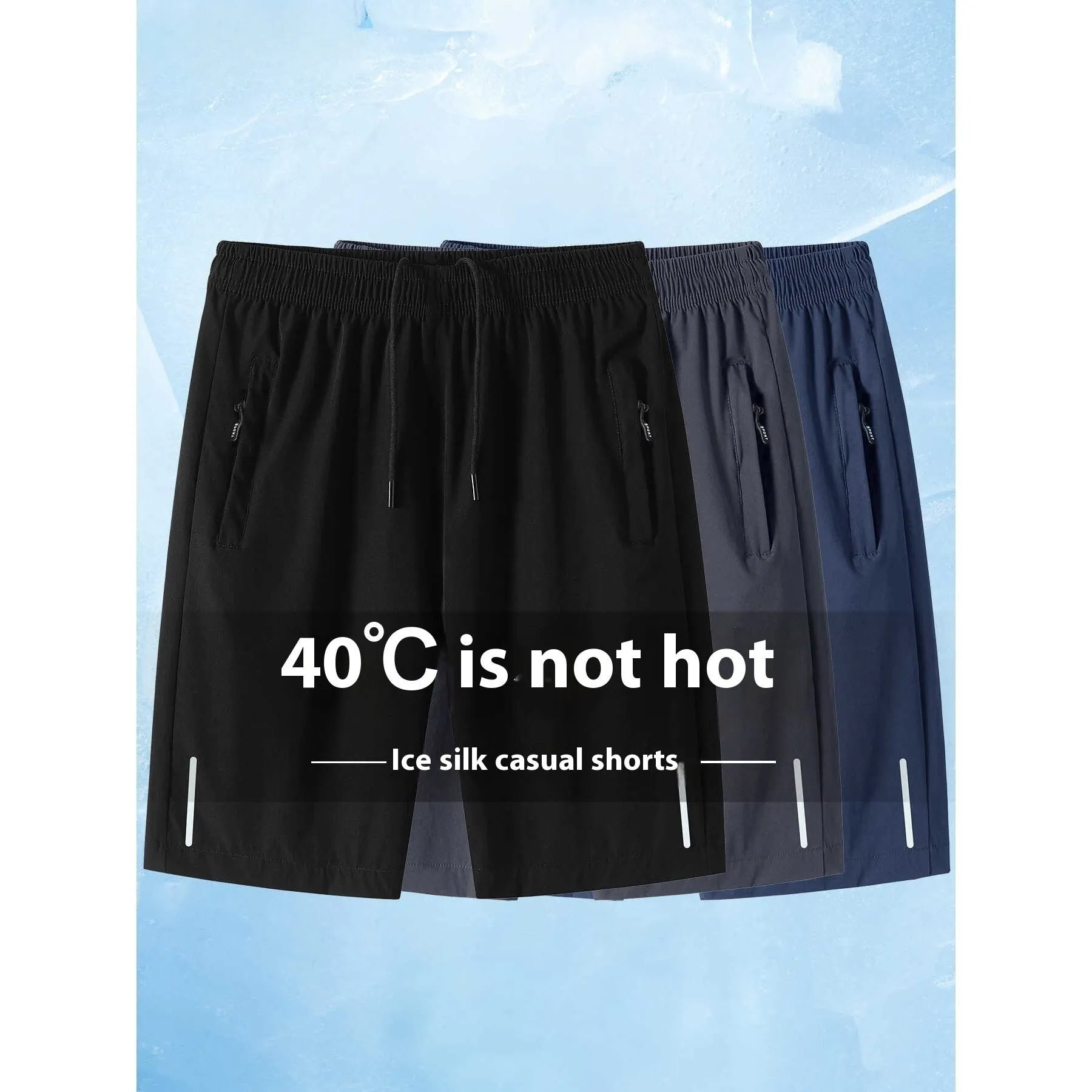 Men's quick-dry ice silk polyester running shorts, lightweight straight-leg fitness shorts in black, dark blue, and light gray