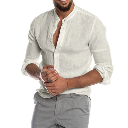 Versatile linen-blend dress shirt for men in a range of classic colors, including white, black, navy, and khaki