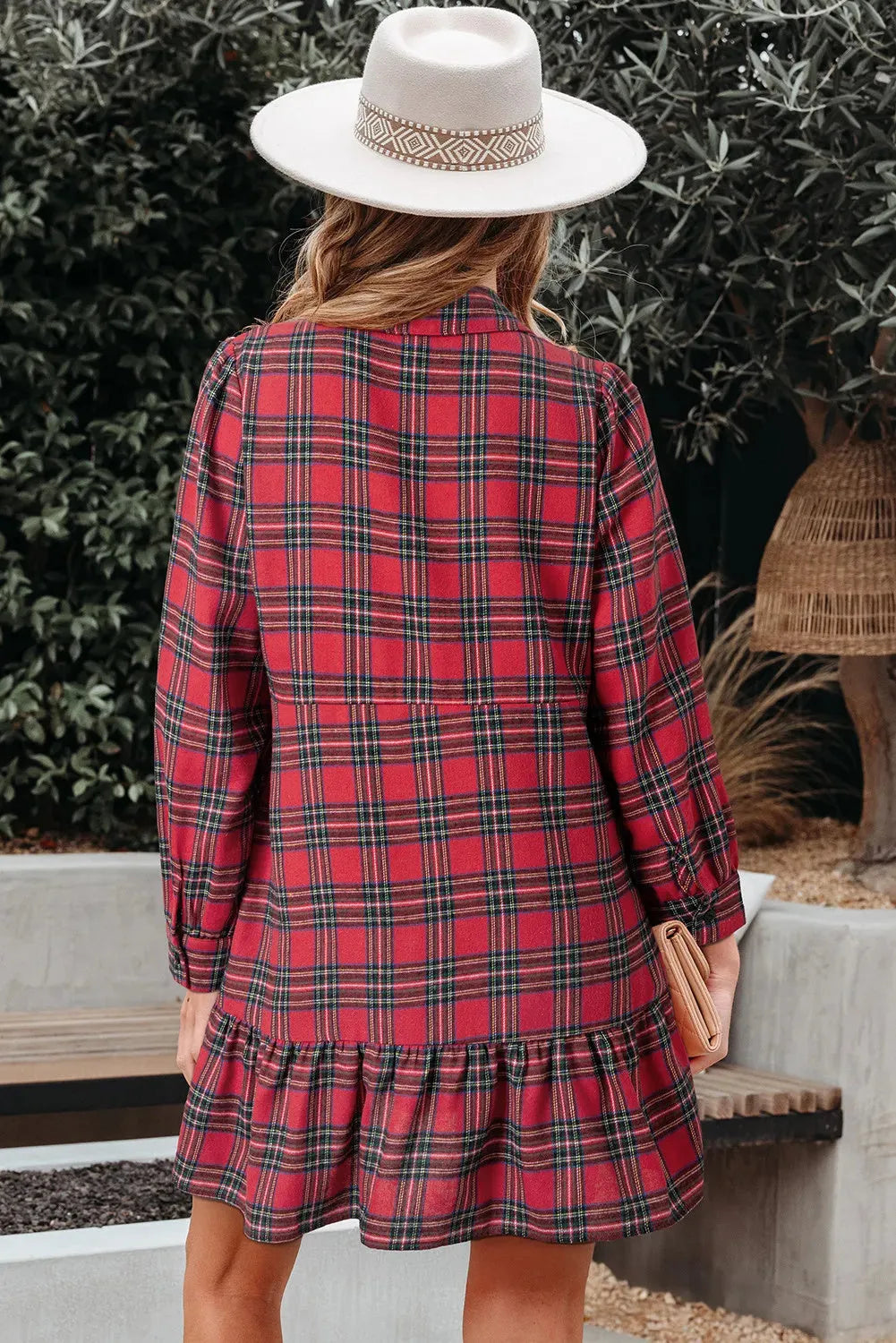Red plaid check mini dress with shirt collar and ruffle hem detail