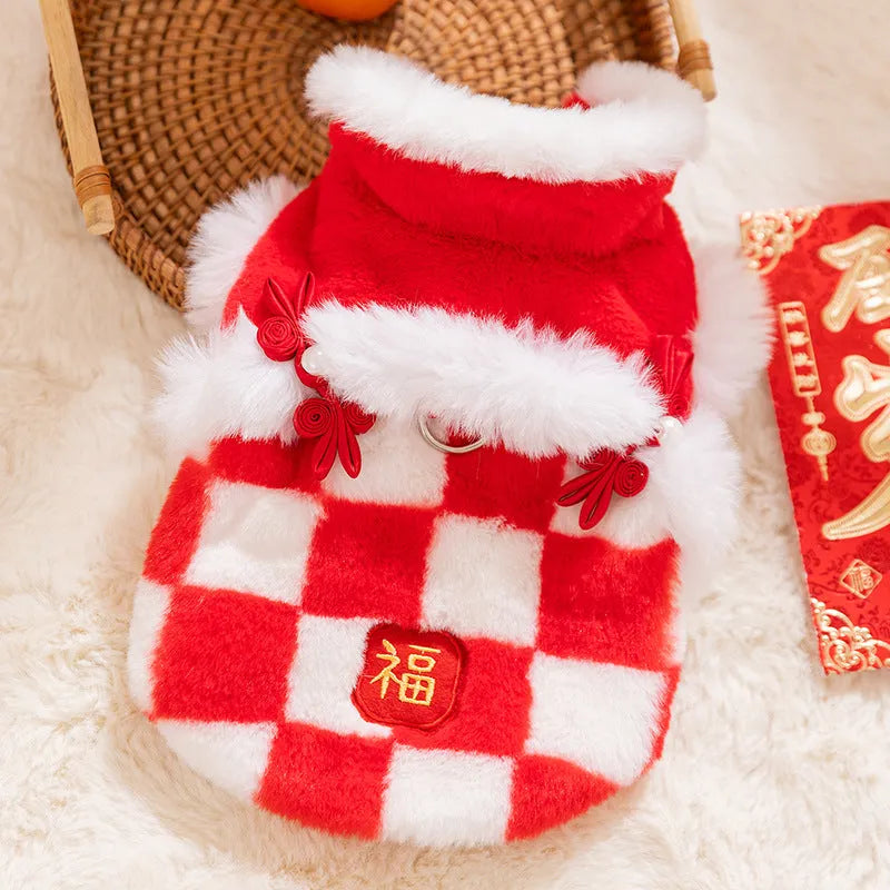 Red and white checkered plush dog vest with Qipao knots and golden Fu symbol for Chinese New Year