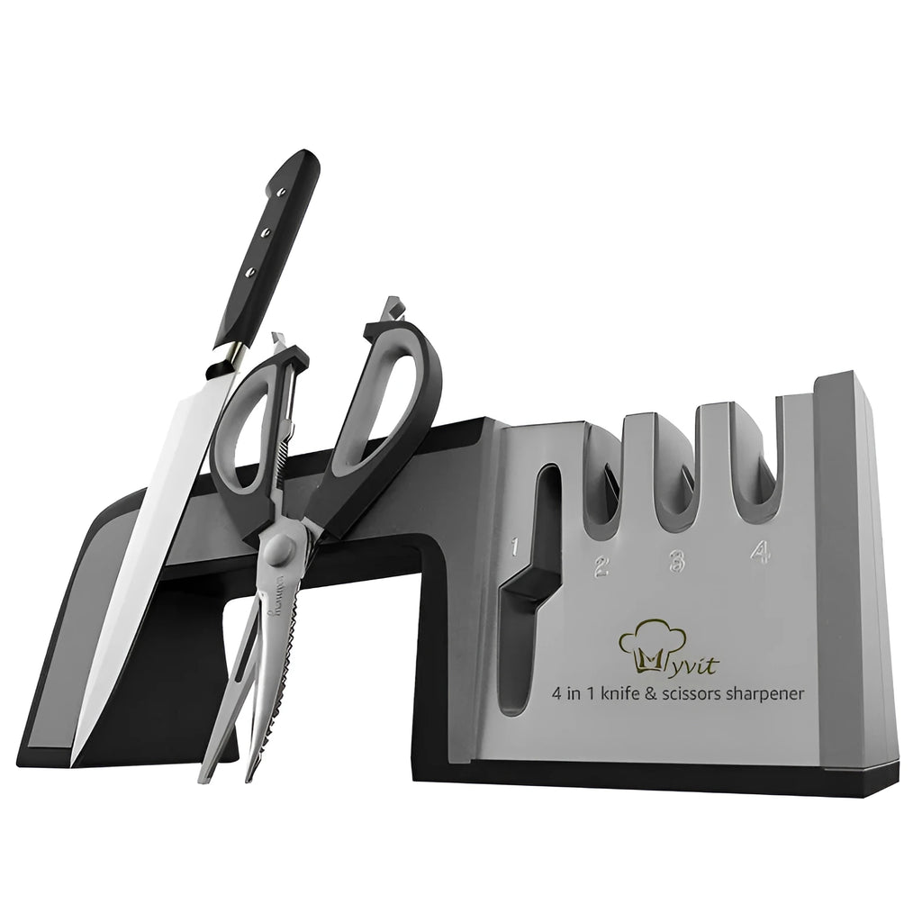 4-in-1 multi-functional knife sharpener in black with multiple sharpening rods
