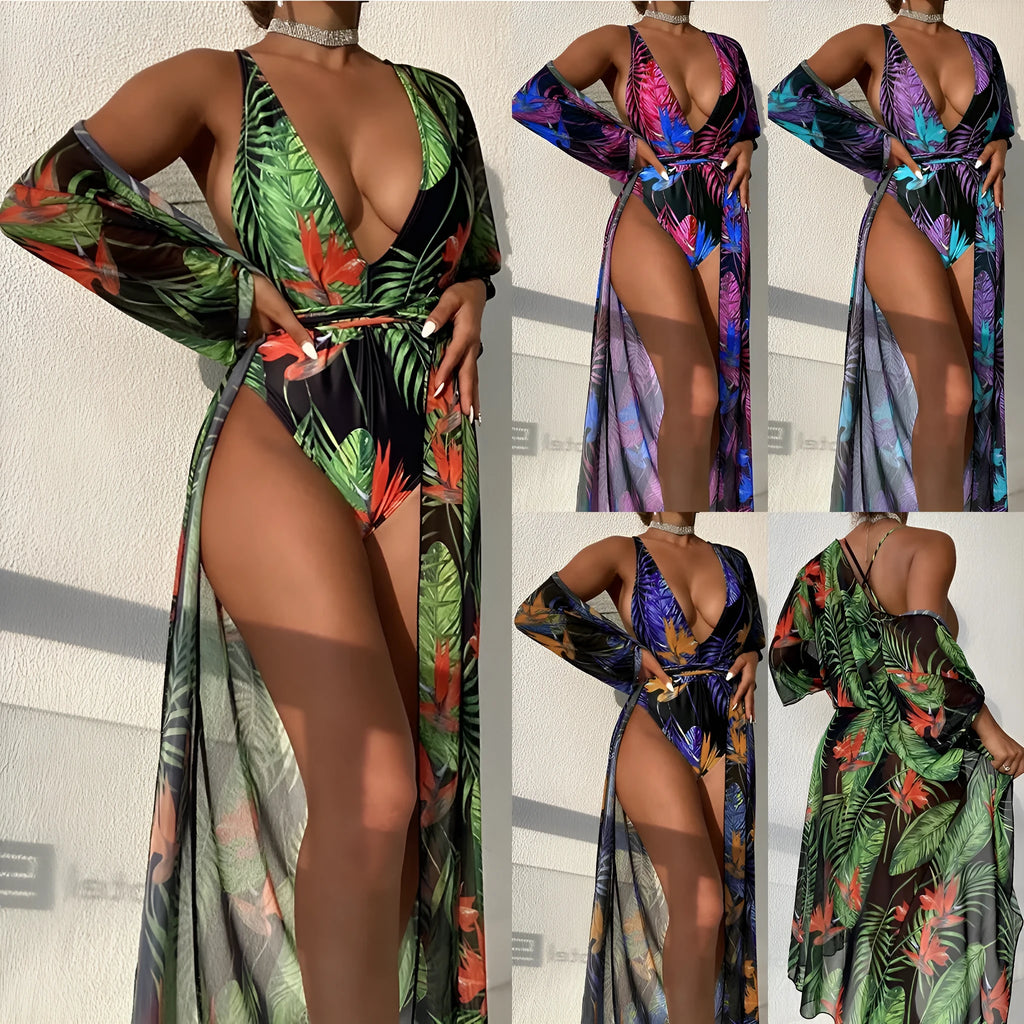 Women's three-piece polyester swimsuit set with matching coat in one of four available colour patterns.