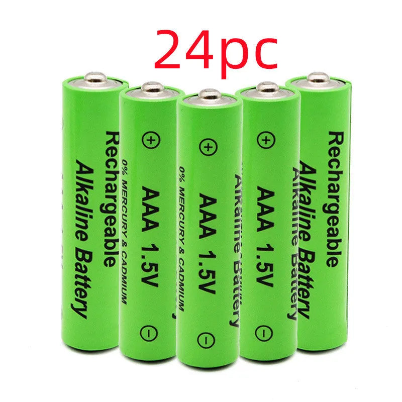 Green alkaline AA rechargeable battery with 3000mAh capacity and 1.5V rating on label.