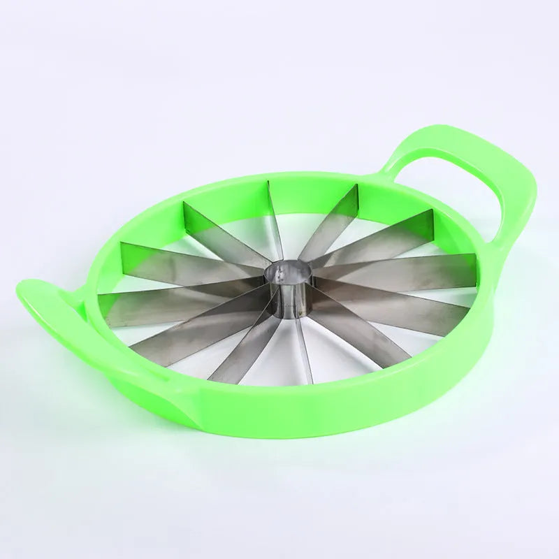 Green-handled watermelon slicer with 410 stainless steel blade on a kitchen counter