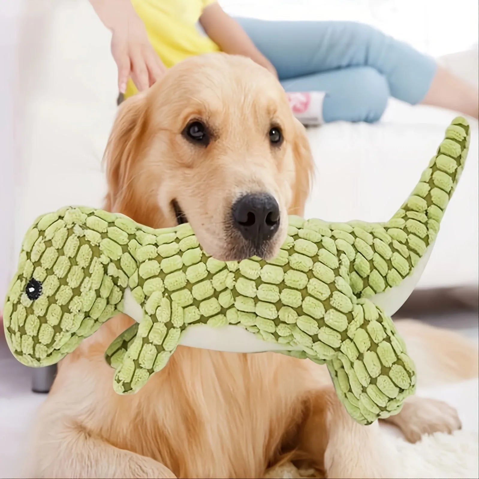 Grey green or orange dog chew toy with sound feature measuring 35cm long