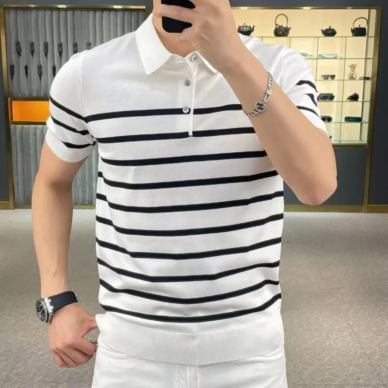 Black and white striped knitted T-shirt with a lapel collar, shown in Asian sizes M L XL 2XL 3XL.