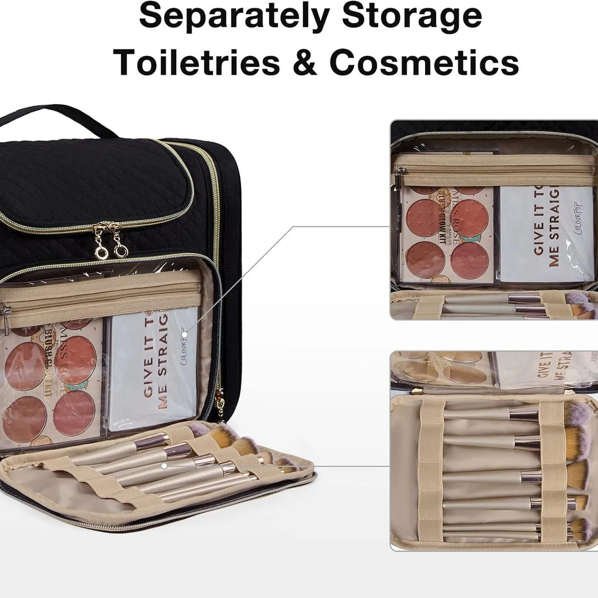 Women's large waterproof plaid storage bag in peach fabric leather with antibacterial lining, black colour