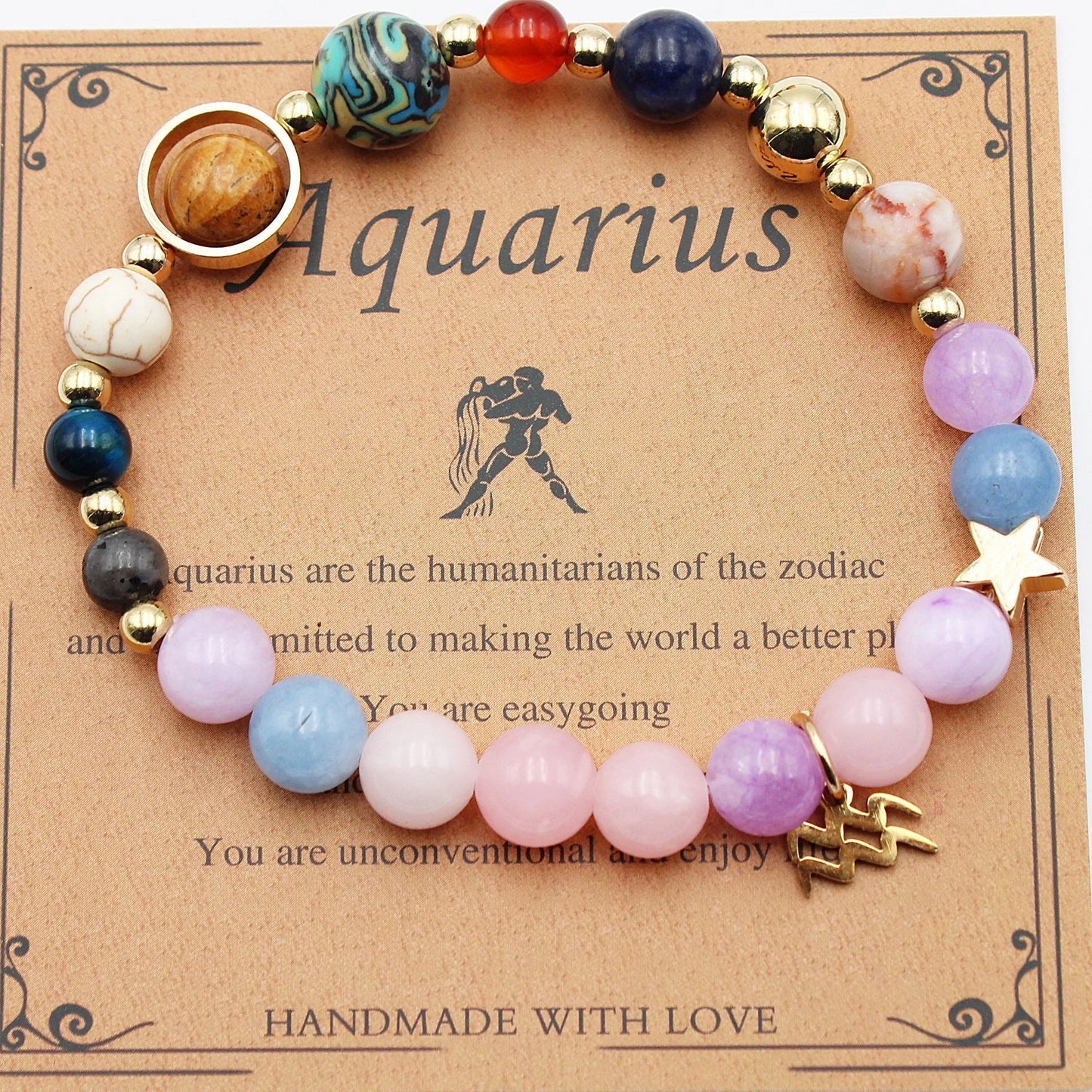 Morgan Stone beaded bracelet with twelve constellation designs, showcasing personalised zodiac signs.