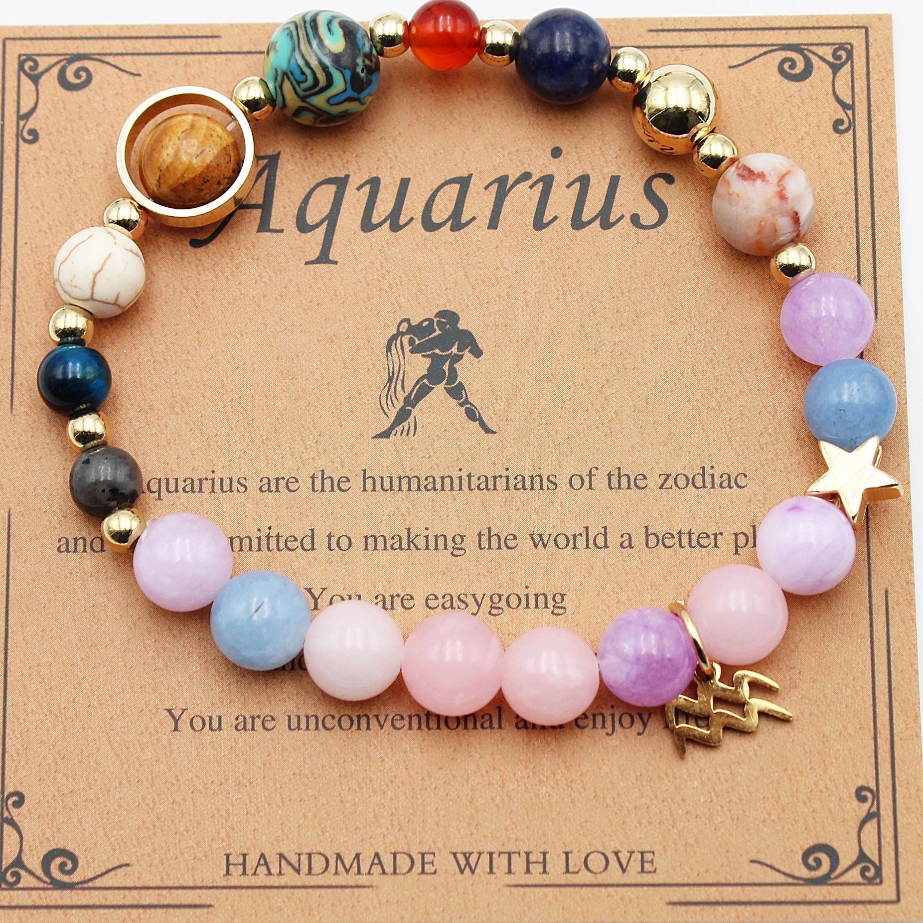 Morgan Stone beaded bracelet with twelve constellation designs, showcasing personalised zodiac signs.