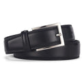 Men's black genuine leather belt with a silver pin buckle shown on a flat surface