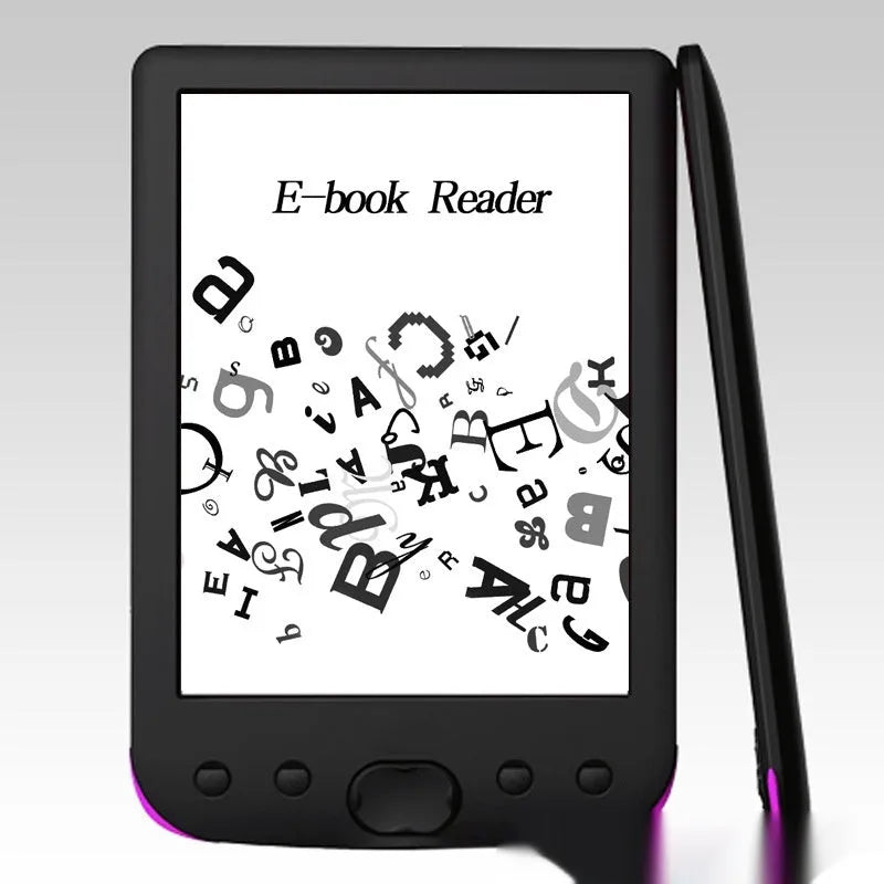 Black 6-inch E-ink screen e-book reader showing its display and compact design.
