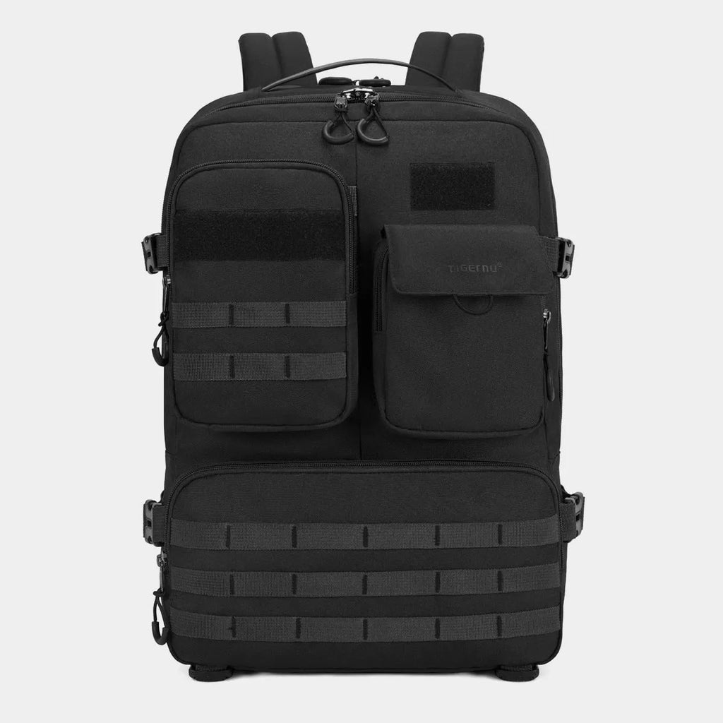 Army green tactical backpack with waterproof nylon construction showing front compartments