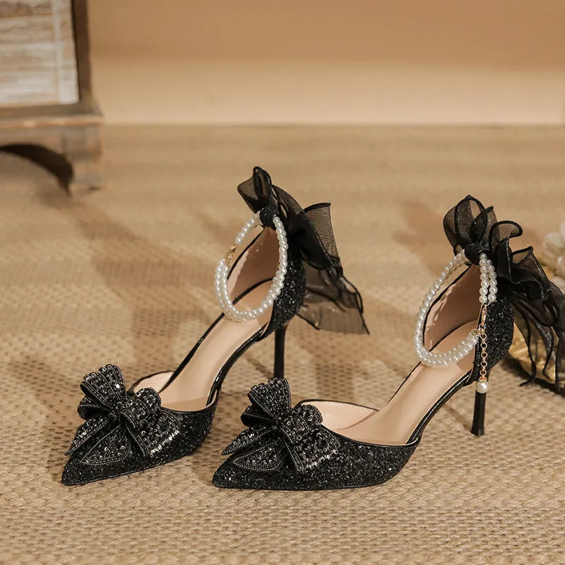 Black two-way all-matching outdoor sandal pumps with 6-8cm stiletto heel and pointed toe