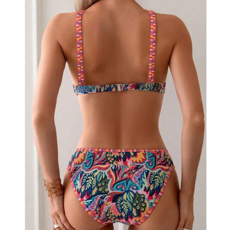 Women's printed halter swimsuit in mixed colour with matching trousers