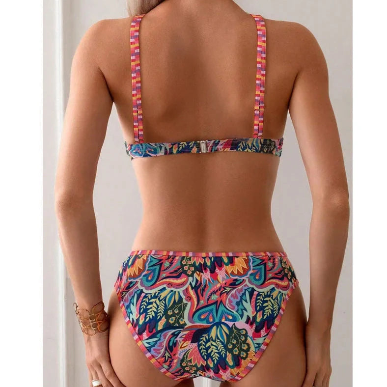 Women's printed halter neck beach swimsuit with mixed colour pattern and adjustable tie-back closure