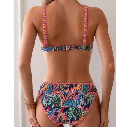 Women's printed halter neck beach swimsuit with mixed colour pattern and adjustable tie-back closure