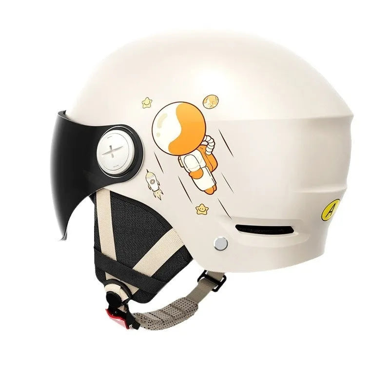 Khaki coloured motorcycle half helmet for adults on a white background, showing the ABS shell and short glasses attachment.