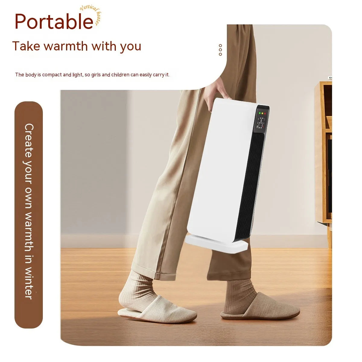 White small electric air conditioner heater with shaking head and touch controls for large rooms