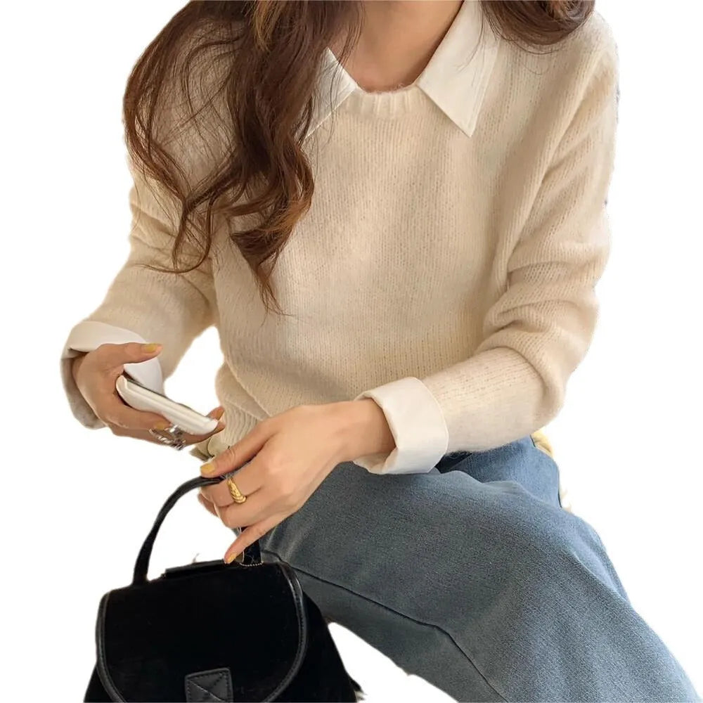Women's loose-fitting knit top with contrast colour lapels in seven colour options