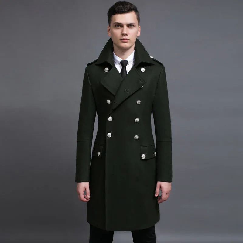 Double-row retro woolen coat for men in loose fit with double-breasted button closure and flax fabric