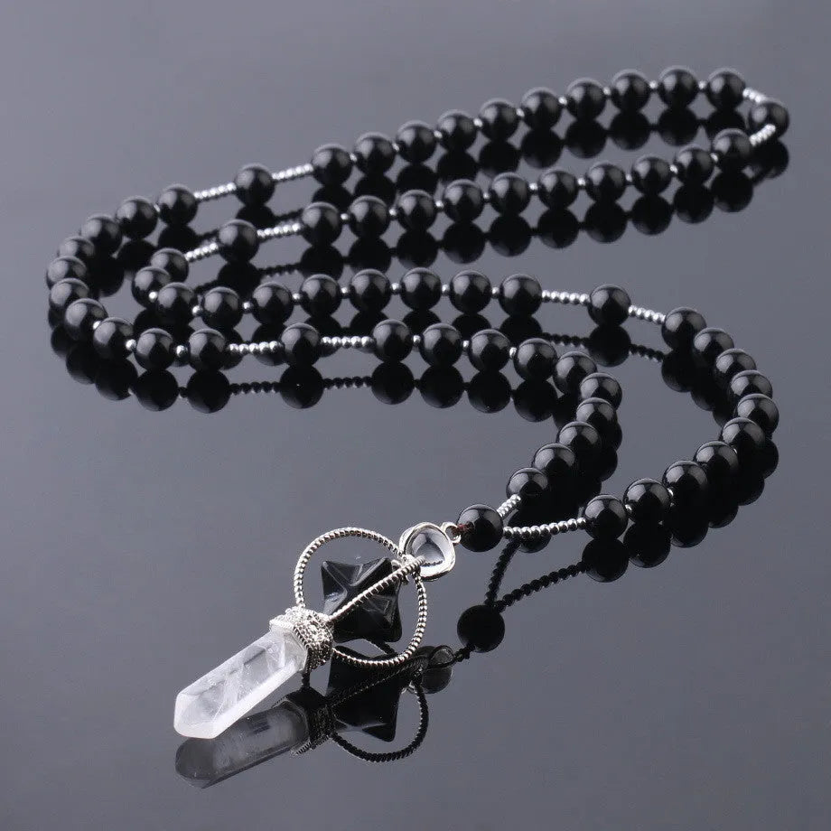Natural white crystal column pendant necklace with copper fittings and adjustable rope chain on neutral background