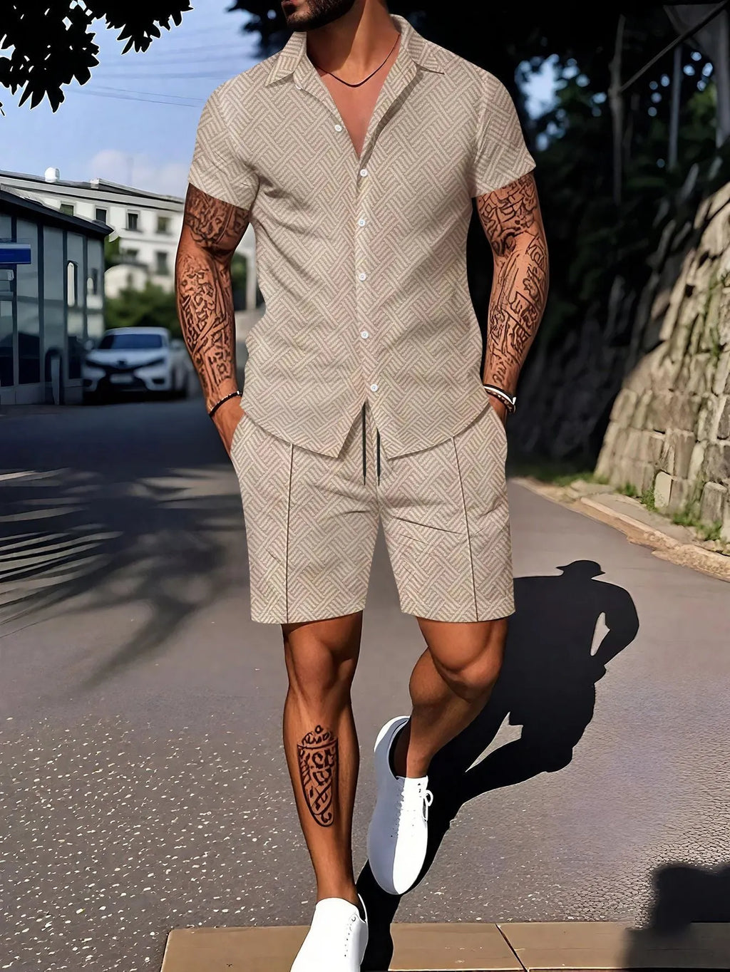 Men's digital print casual short sleeve suit set with matching shorts in beige colour