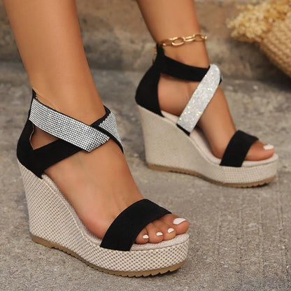 Fashionable wedge sandals with rhinestone design for women, available in black and beige colors and a variety of sizes.