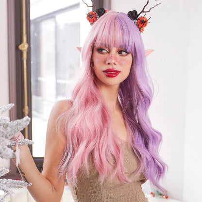 Long wave synthetic cosplay wig with Qi bangs and heat-resistant fibres