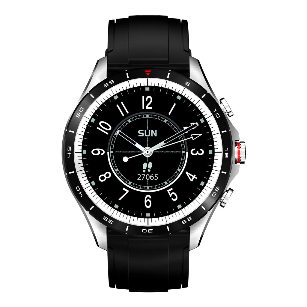 Men's black smart bracelet watch with silicone band and round touch screen display.