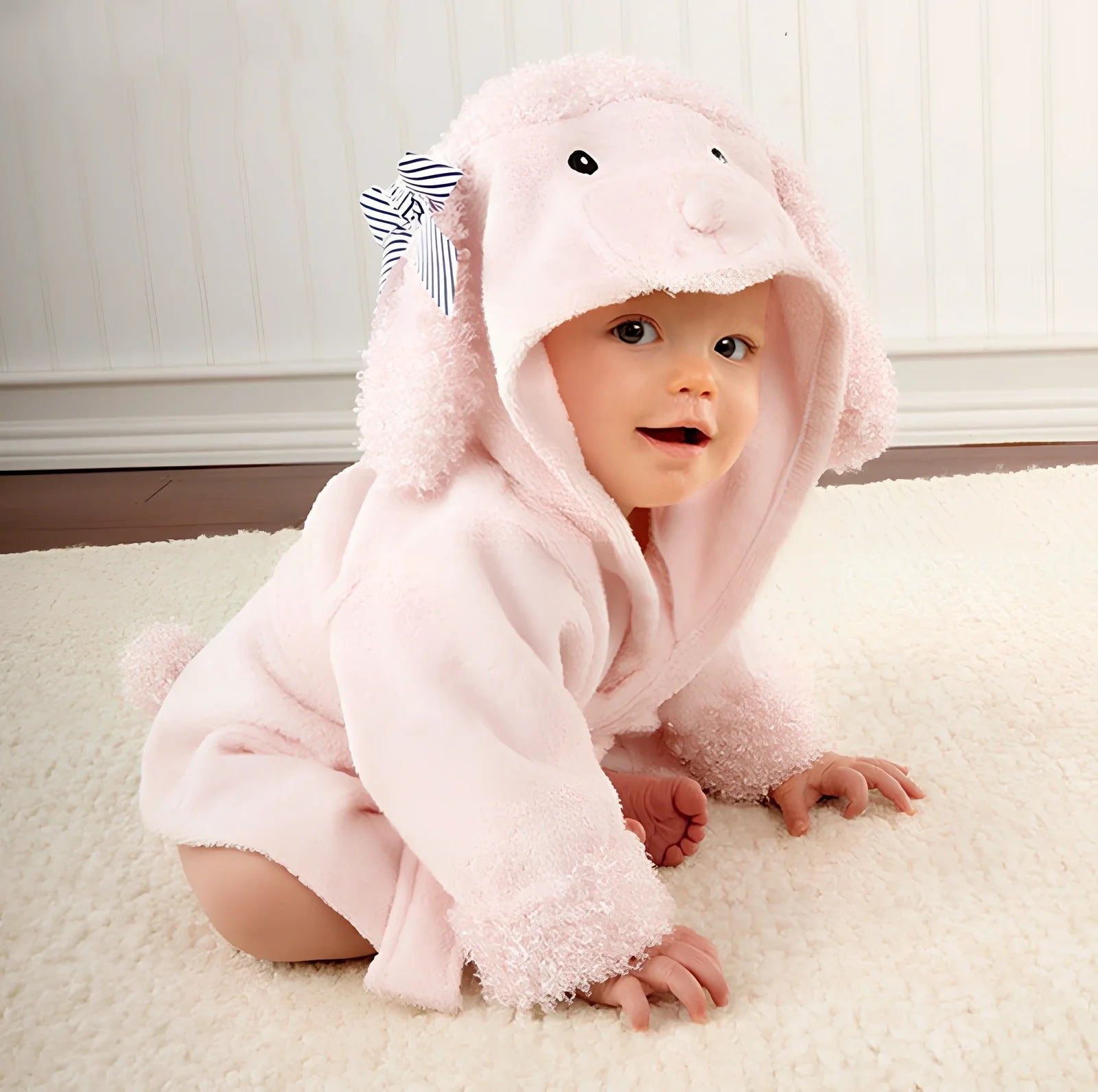 Cotton baby bathrobe with animal hood showing panda design, belt fastening, and absorbent fabric