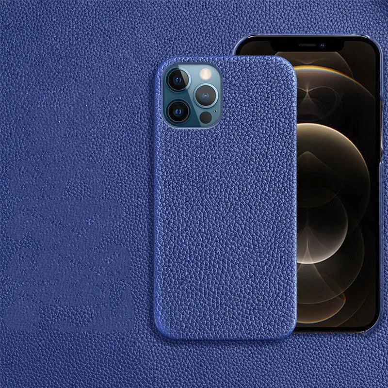 Genuine leather protective case for iPhone in simple half-wrap design on a table.