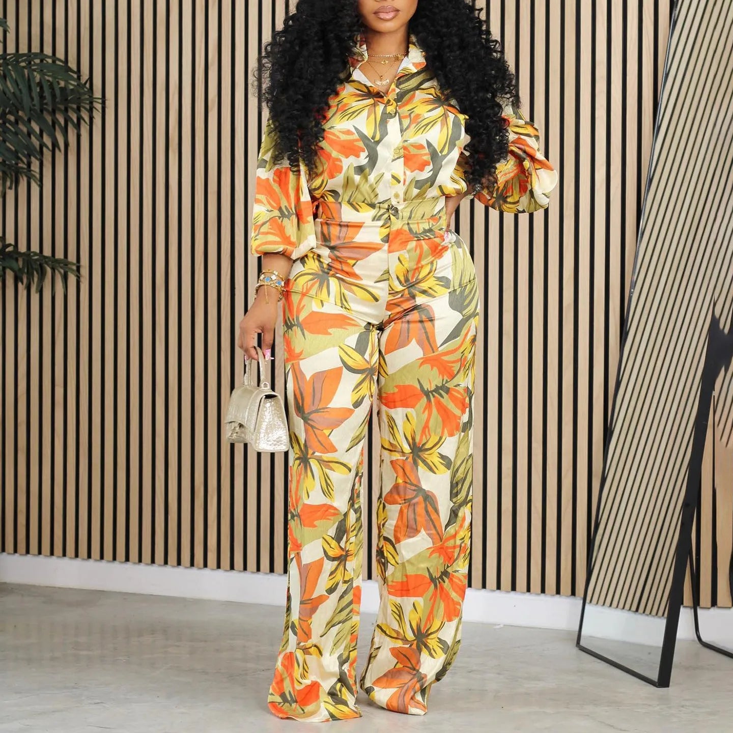 Red polyester printed long sleeve shirt and wide leg trousers women's suit set