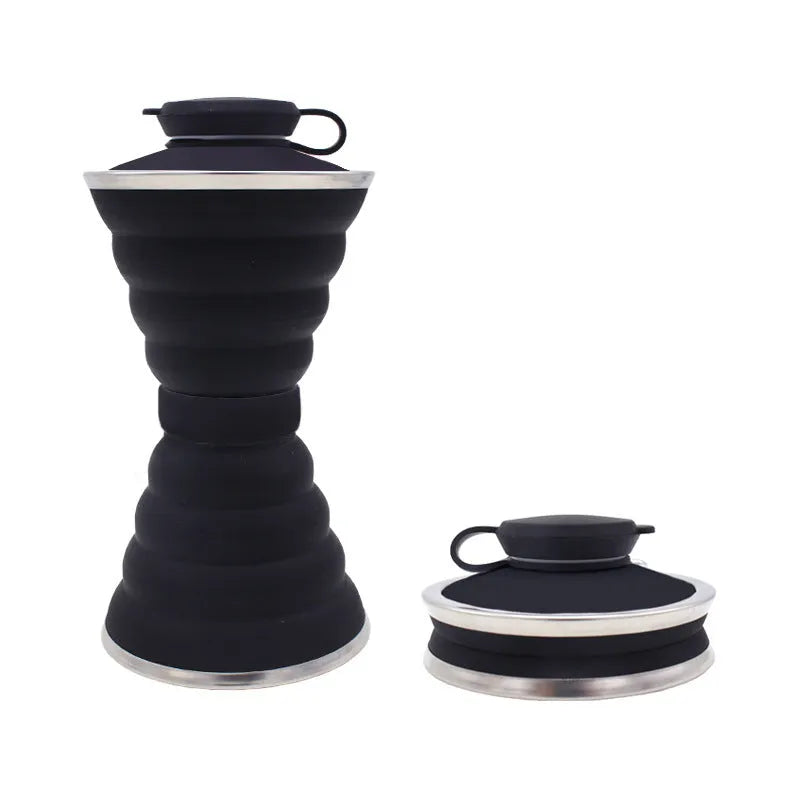 500ml collapsible silicone travel cup shown folded and unfolded with hanging rope and stainless steel rim