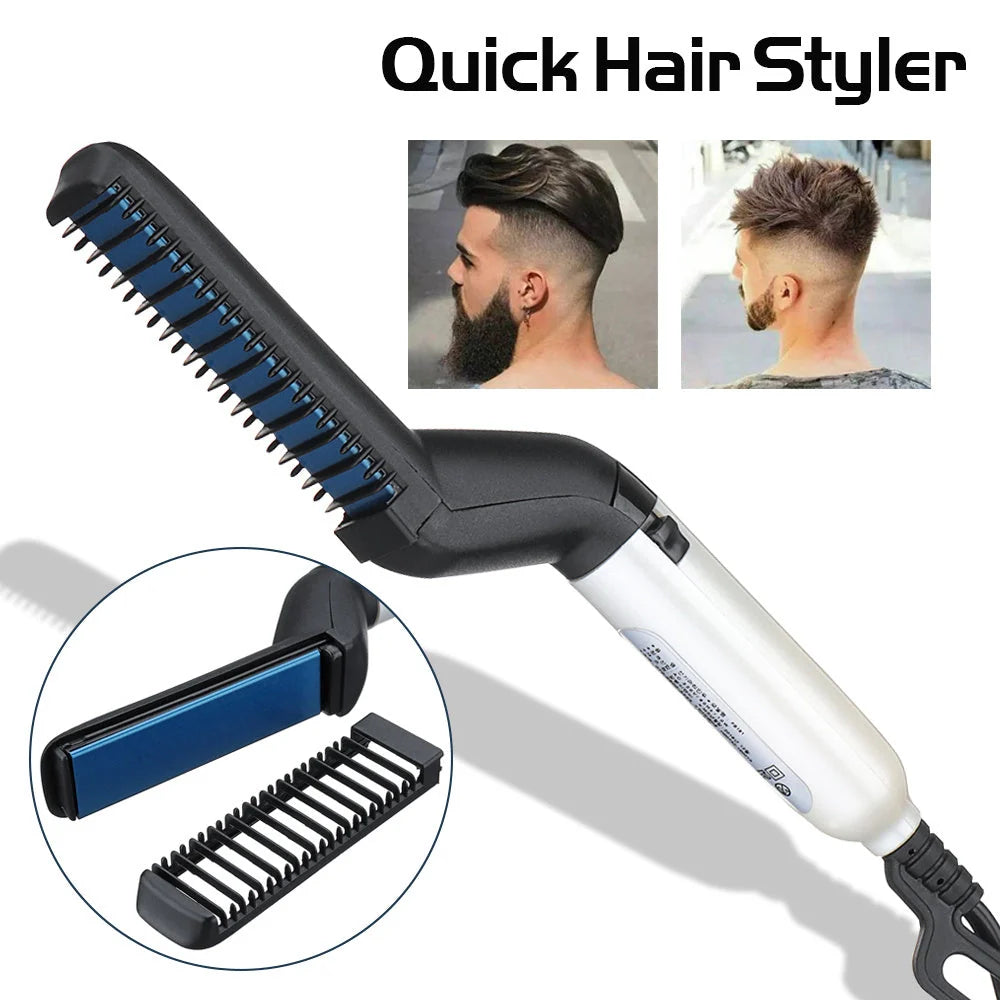 Electric hair straightener brush for men with quick heating feature and protective comb cover