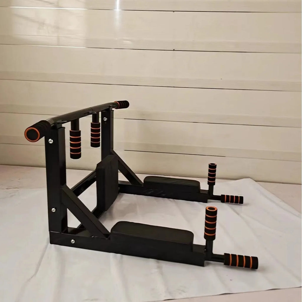 Black wall-mounted sandbag rack with parallel pull-up bars for indoor and outdoor fitness training