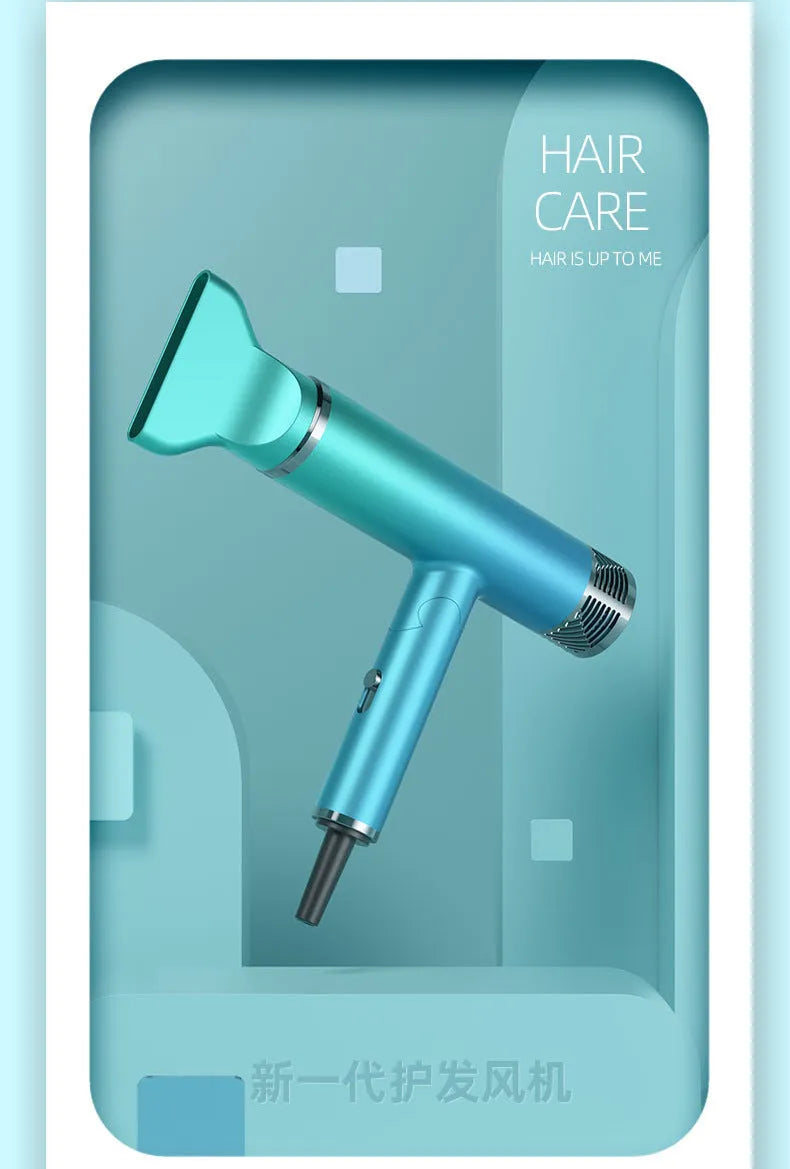 Green and purple foldable hair dryer with collapsed handle for compact storage
