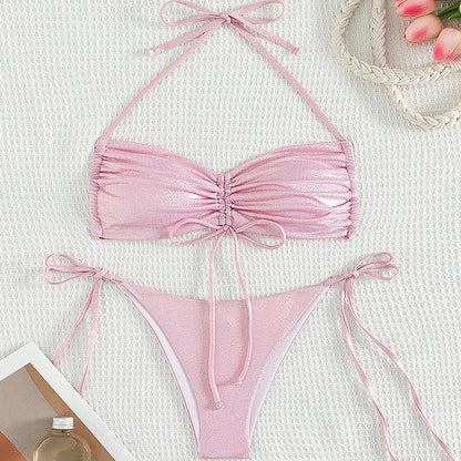Pink women's reflective bikini swimsuit with adjustable drawstring straps for enhanced water visibility