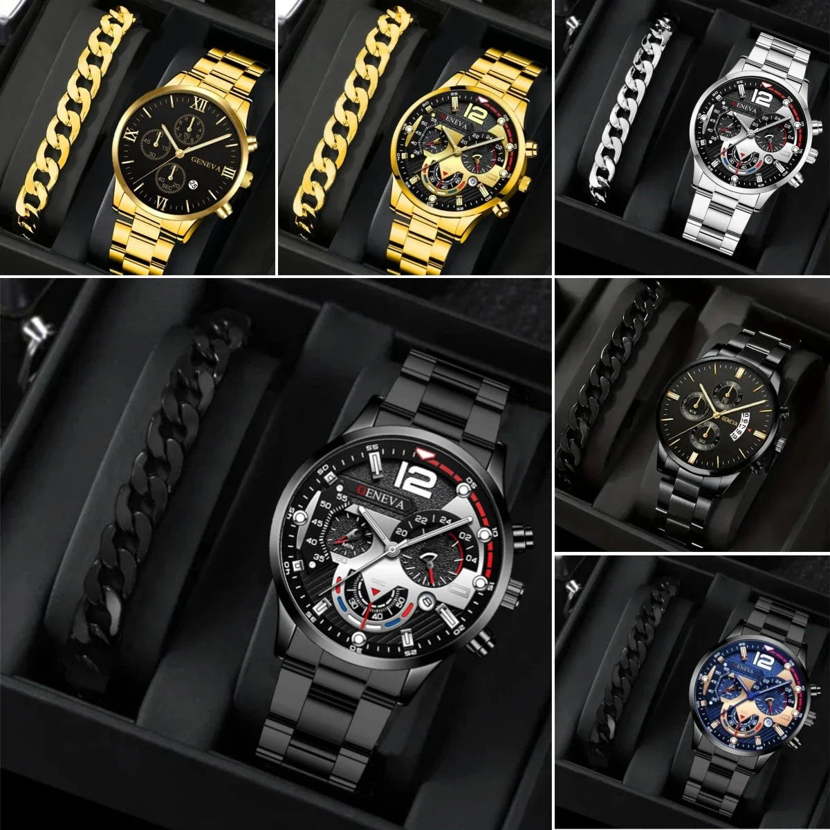 Stylish men's stainless steel quartz watch with adjustable bracelet set in various color combinations