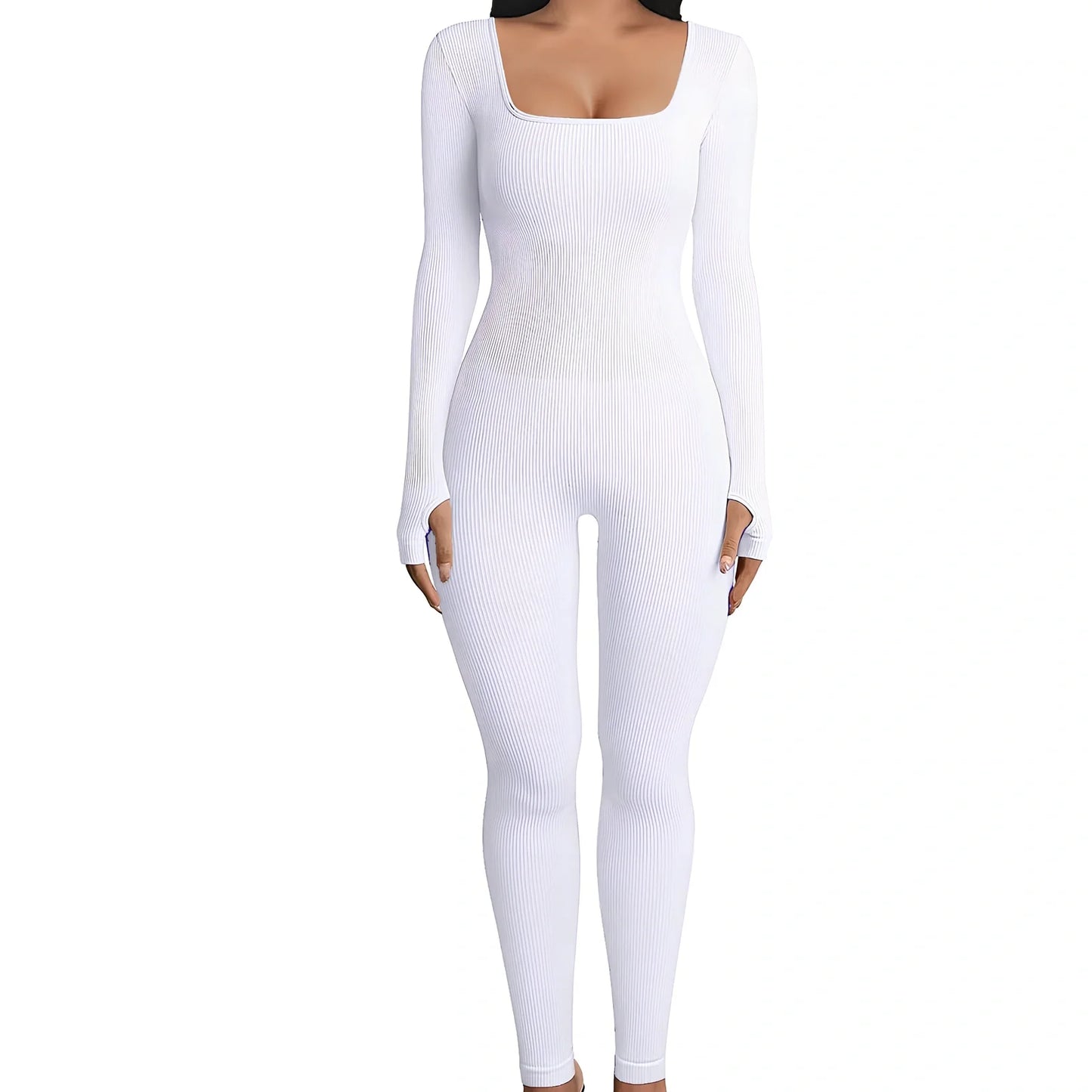 Black threaded square collar jumpsuit with slimming buttocks panel, cotton fabric, sizes S-3XL, 140cm length