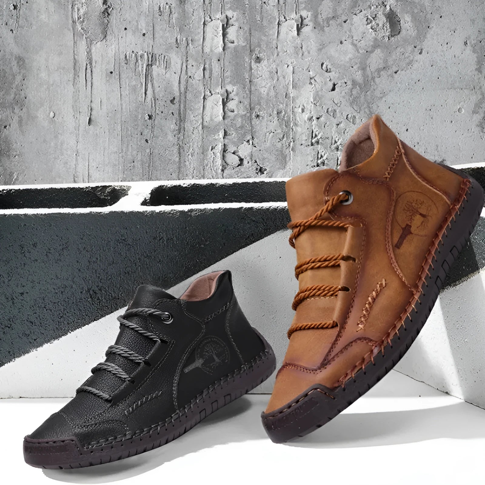 Men's brown leather high-top boots with lace-up front and flat rubber sole