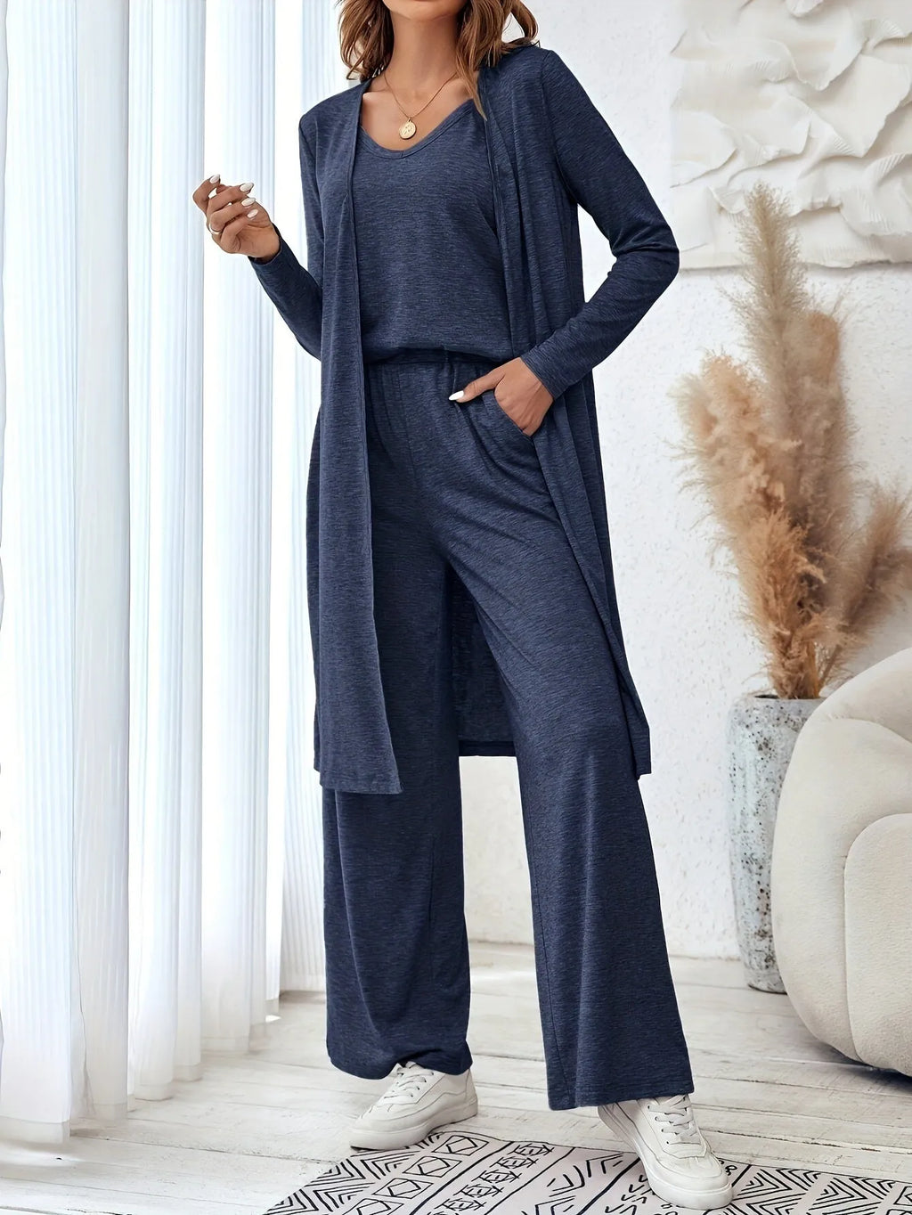 Women's blue polyester three-piece casual suit with top, cardigan and trousers in Japanese Korean style