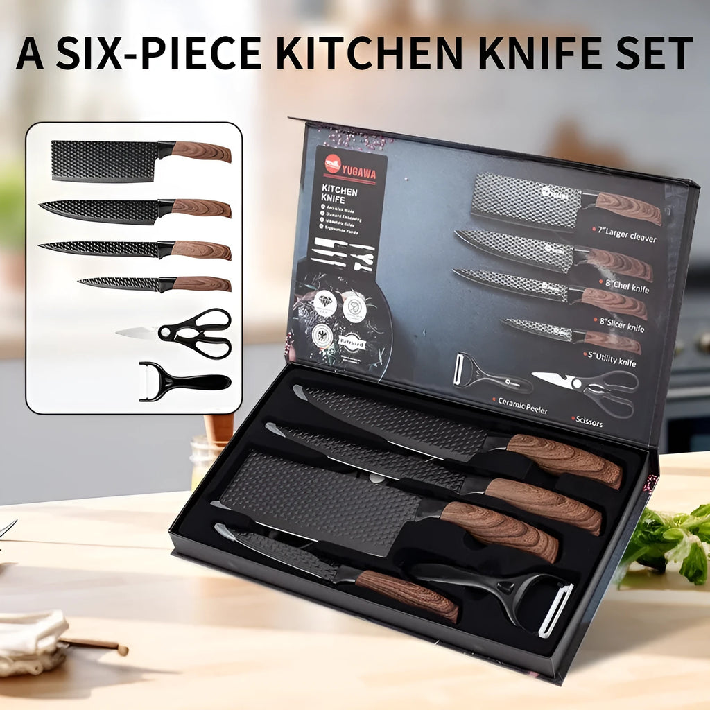 Six kitchen knives with diamond-pattern 2CR13 steel blades and wood grain handles laid out on a surface
