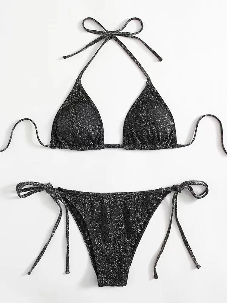 Women's khaki gold split bandage bikini swimsuit set with briefs style pants