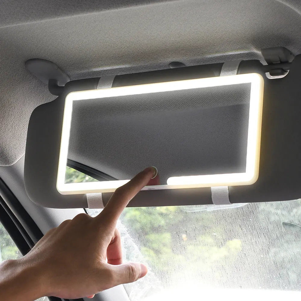 Automotive sun louver makeup mirror with LED light and dimming function showing 24cm width