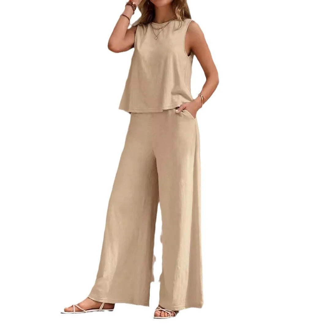 Women's solid colour casual loose pants set with sleeveless top in various colours