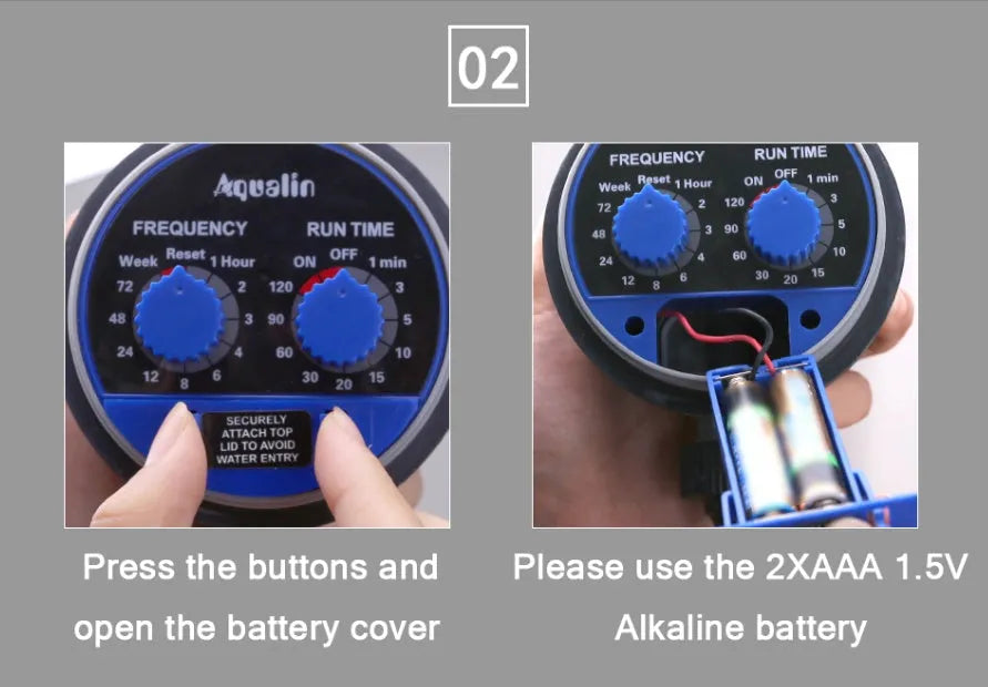 Automatic battery-powered watering timer for garden hose with 3/4 inch thread connection.