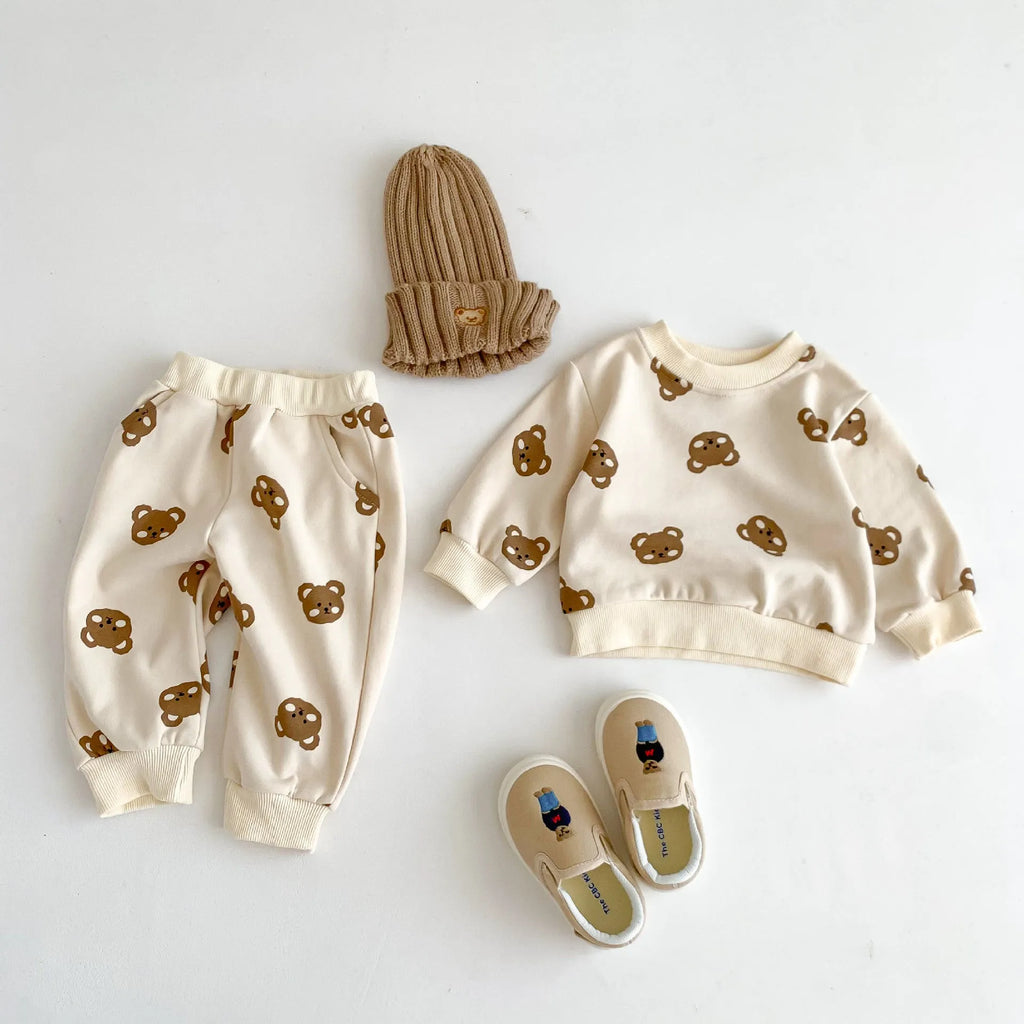 Baby cotton round neck bear cartoon sweater and trousers suit in rice apricot for 66-100cm height