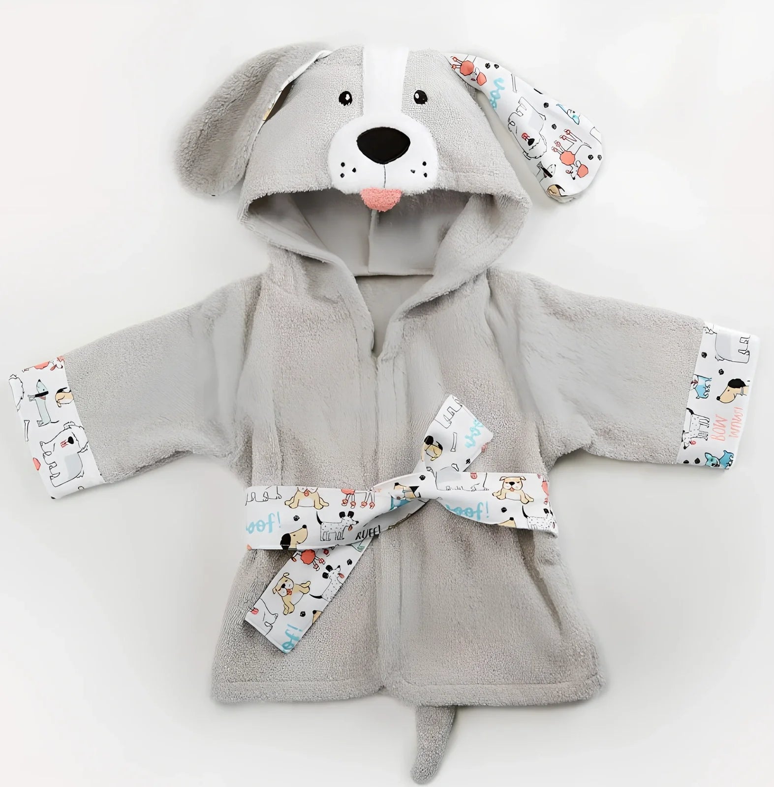 Cotton baby bathrobe with animal hood showing panda design, belt fastening, and absorbent fabric